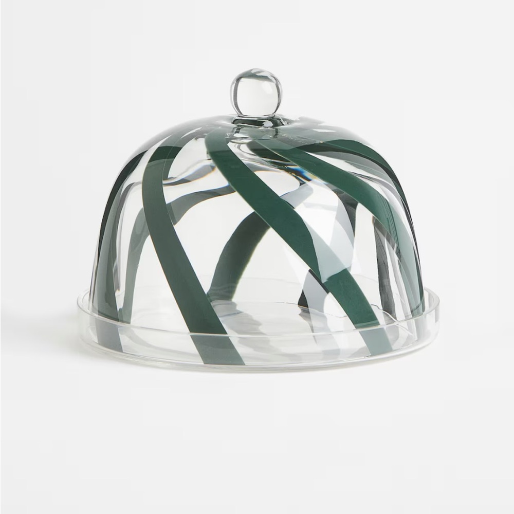 H&M MINI GLASS TRAY WITH DOME GREEN STRIPES